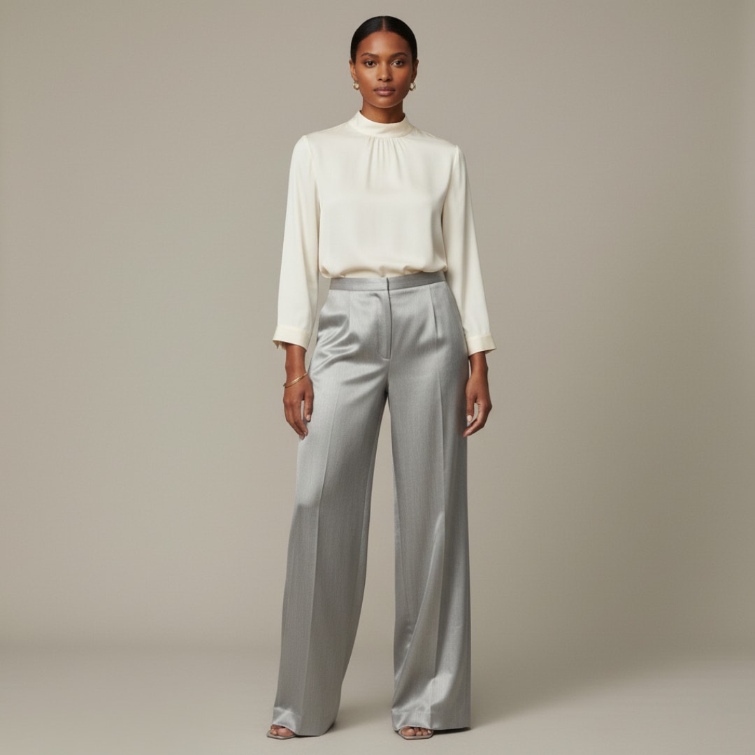 New Lafayette 148 Silver Gray Virgin Wool Silk Wide-Leg Trousers Quiet Luxe Sz 8